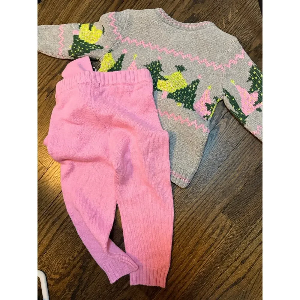 Andy & Evan GirlsGrey Chenille Xmas Tree Sweater Set 12-18 Months W/headband NWT